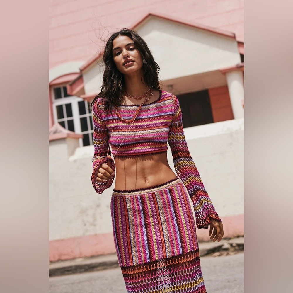 Free People Bali Sunrise Boho Crochet Knit Maxi Skirt and Long Sleeve Top Set - Picture 9 of 12